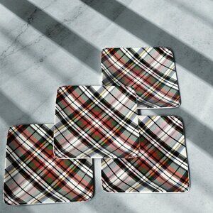 Set Of 4 Pottery Barn Denver Red Plaid Appetizer Plates Square 5.75” Stoneware